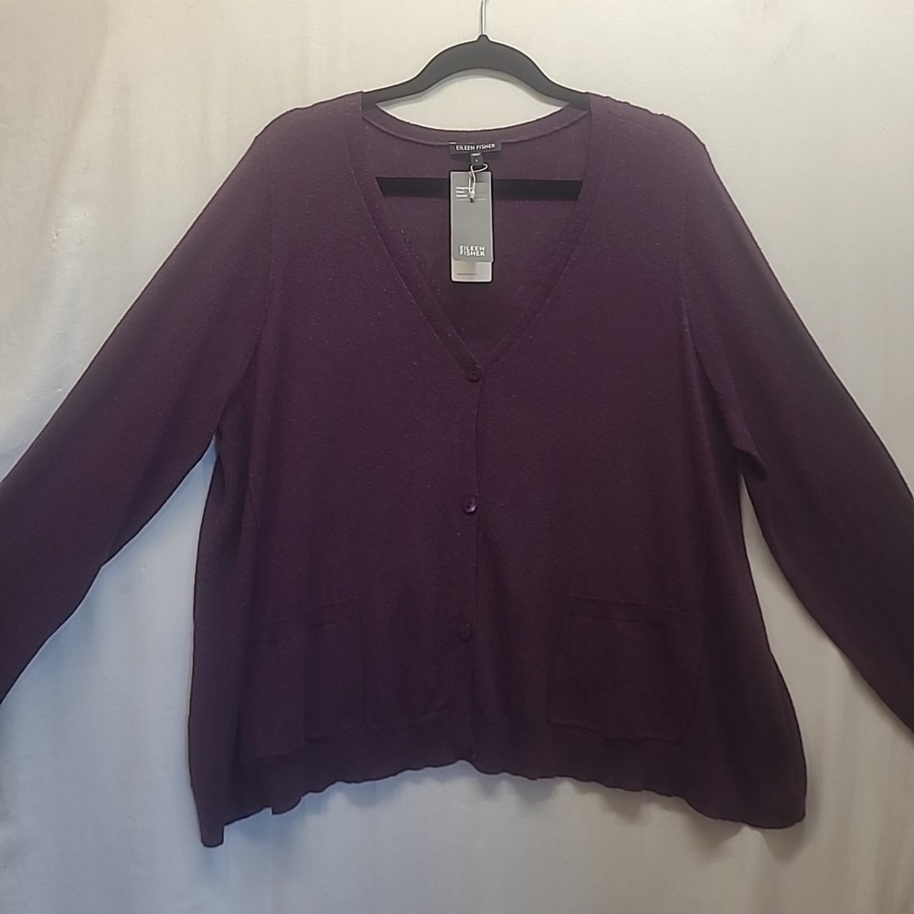 NWT Eileen Fisher LG Purple Plum Speckle Knit V Neck Cardigan Sweater Wool Silk - Picture 6 of 16